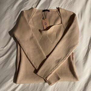 Micas Tan Sweater Midi Dress with Sweetheart Neckline & Side Slit – Small